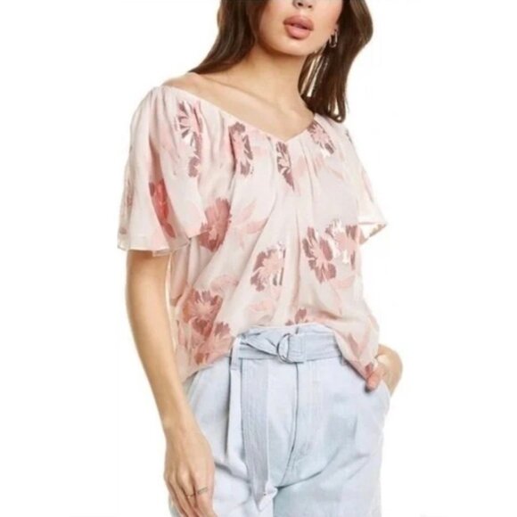 REBECCA TAYLOR Pink Metallic Floral Silk Georgette Flutter Sleeve Blouse, Size M - Picture 1 of 15
